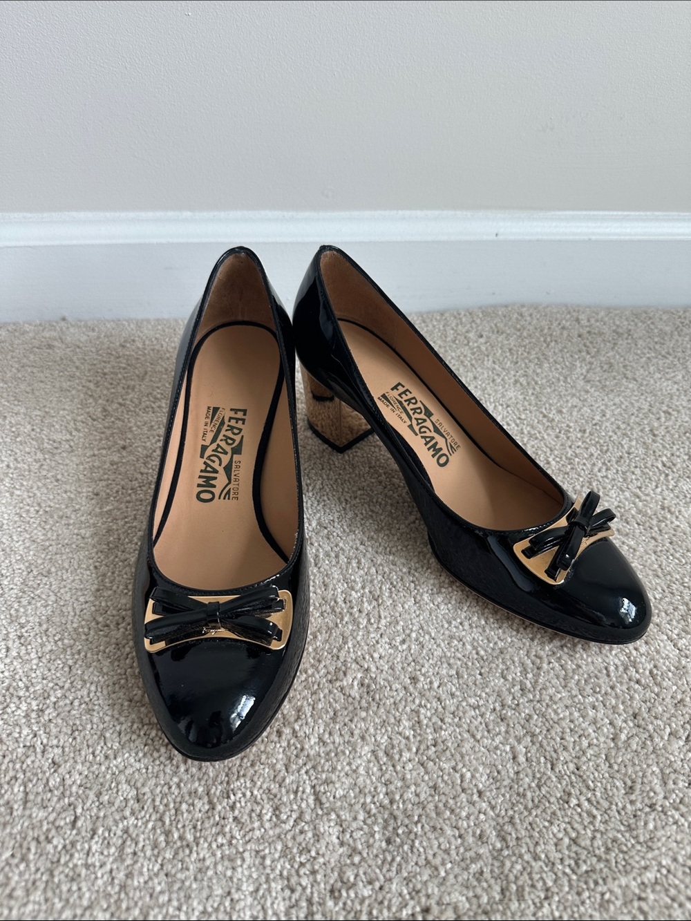 Salvatore Ferragamo Black Patent Block Heel Pumps with Gold Accent Size 6 1/2